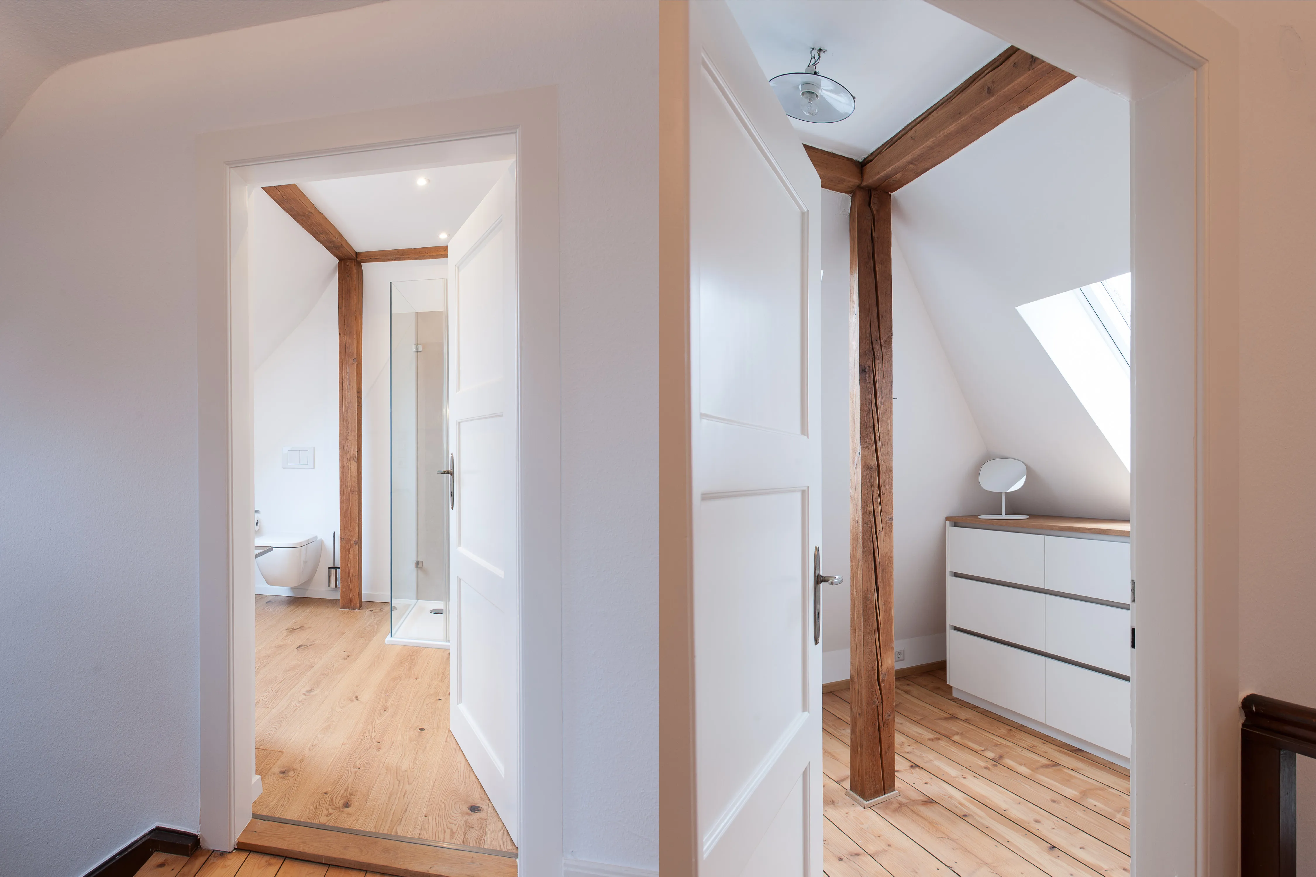 Split-Image: Flurbereich mit Blick durch offene weiße Kassetten-Türen in ein Badezimmer und einen Raum mit weißer Kommode und Dachschräge.