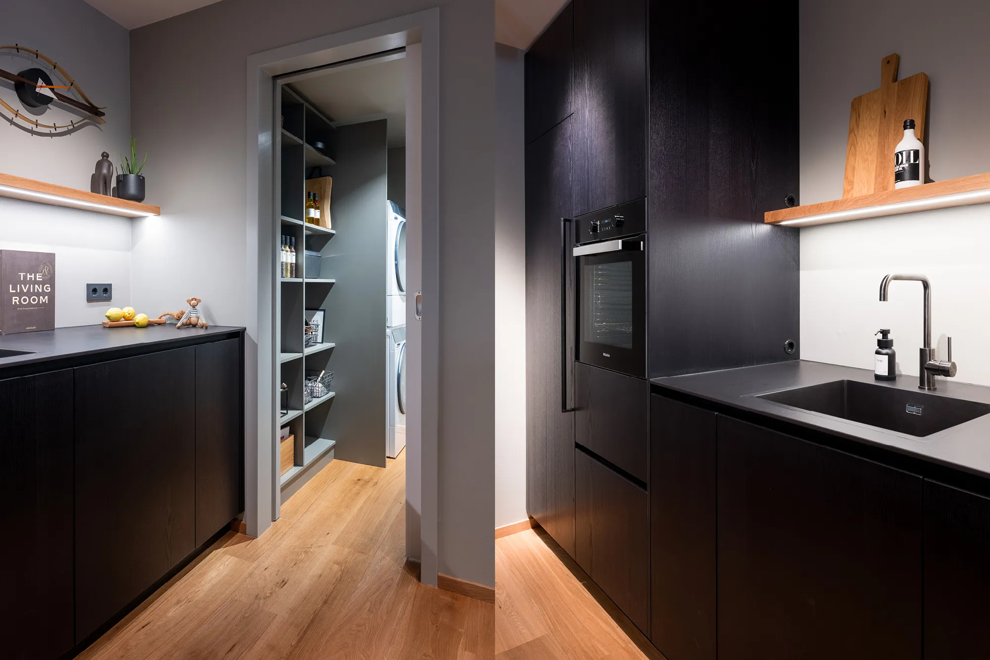 Zweiteilige Ansicht der dunklen Küche mit Backofen-Hochschrank und angrenzender Vorratskammer mit Waschmaschine.