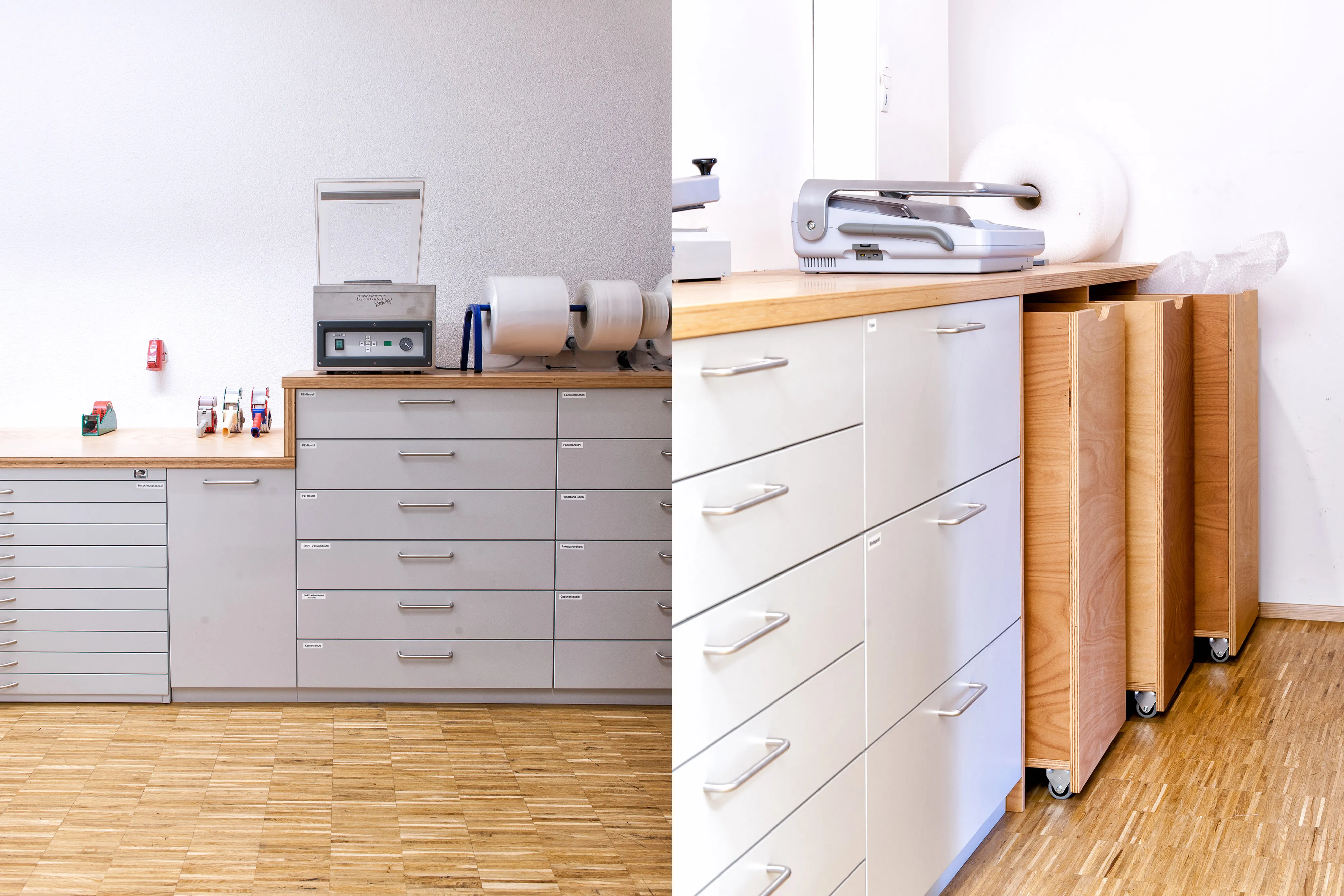 Zweigeteiltes Bild: Links gestufte, hellgraue Materialschränke mit Echtholz-Abdeckplatten, rechts ausziehbare Vertikal-Auszugsschränke aus Schichtholz auf Rollen.